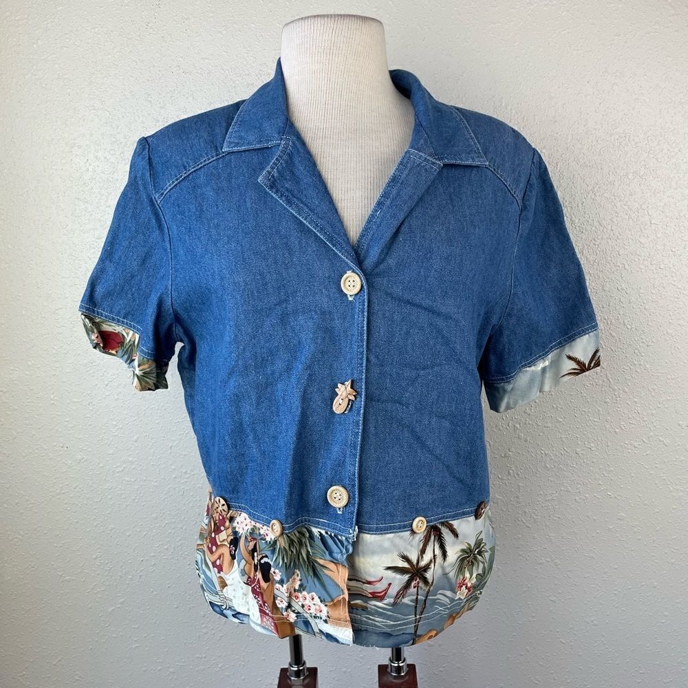 Vintage Nina Piccalino Hawaiian Denim Style Button Down Shirt Size 10 EUC
